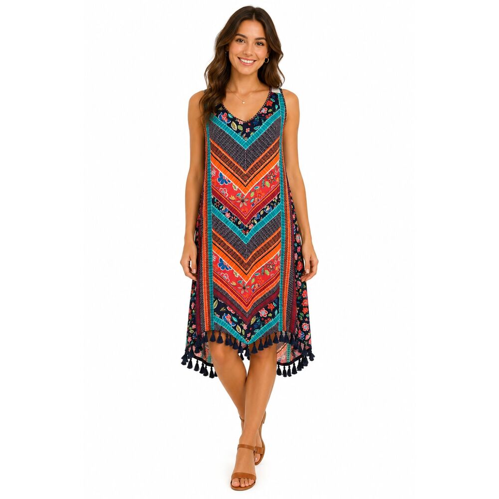 Democracy Chevron Boho High Low Fringe Midi Dress Size M Floral Geometric